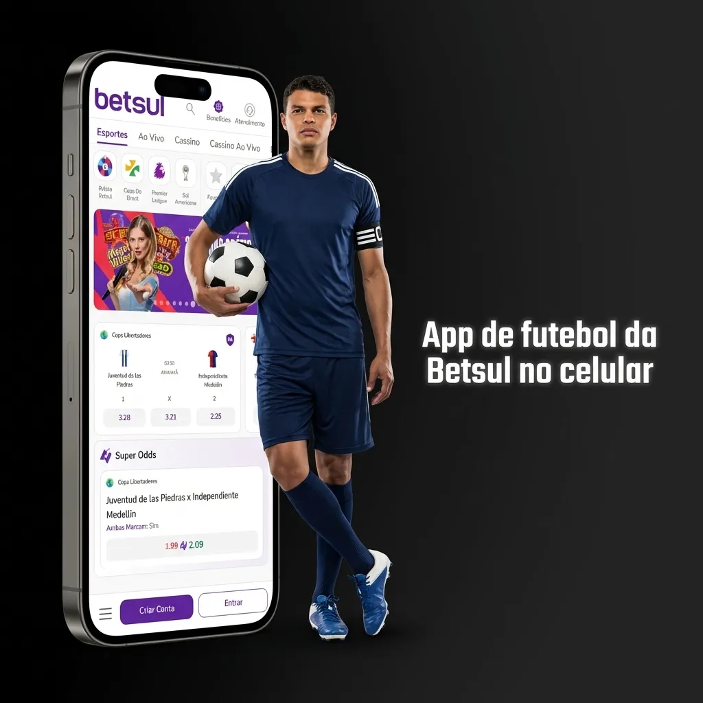 Tela de celular exibindo o app de apostas de futebol da Betsul, com opções de jogos, odds e botão para apostar.