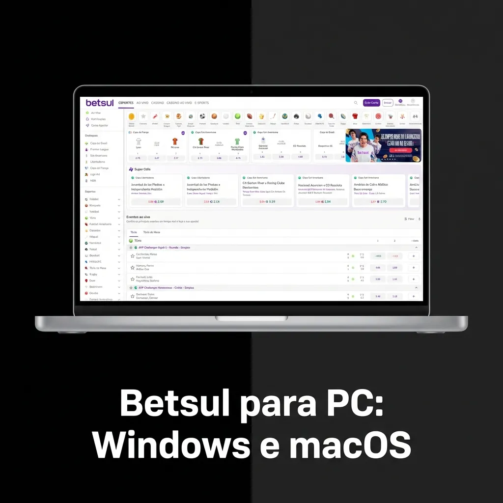 Tela do site Betsul aberta em um computador, exibindo mercados de apostas e estatísticas em Windows ou macOS