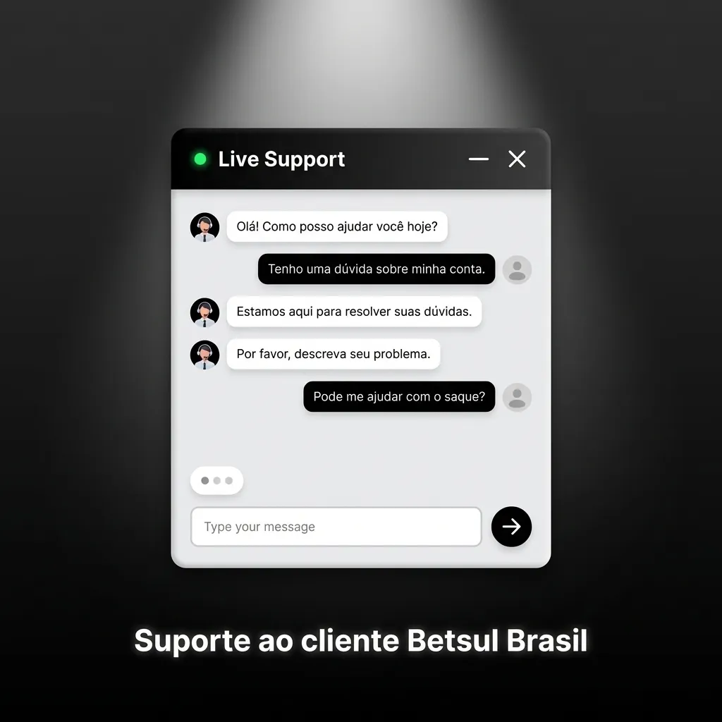 Tela do site Betsul Brasil exibindo opções de suporte 24h em português: chat, e-mail, formulário, FAQ e ajuda no app.