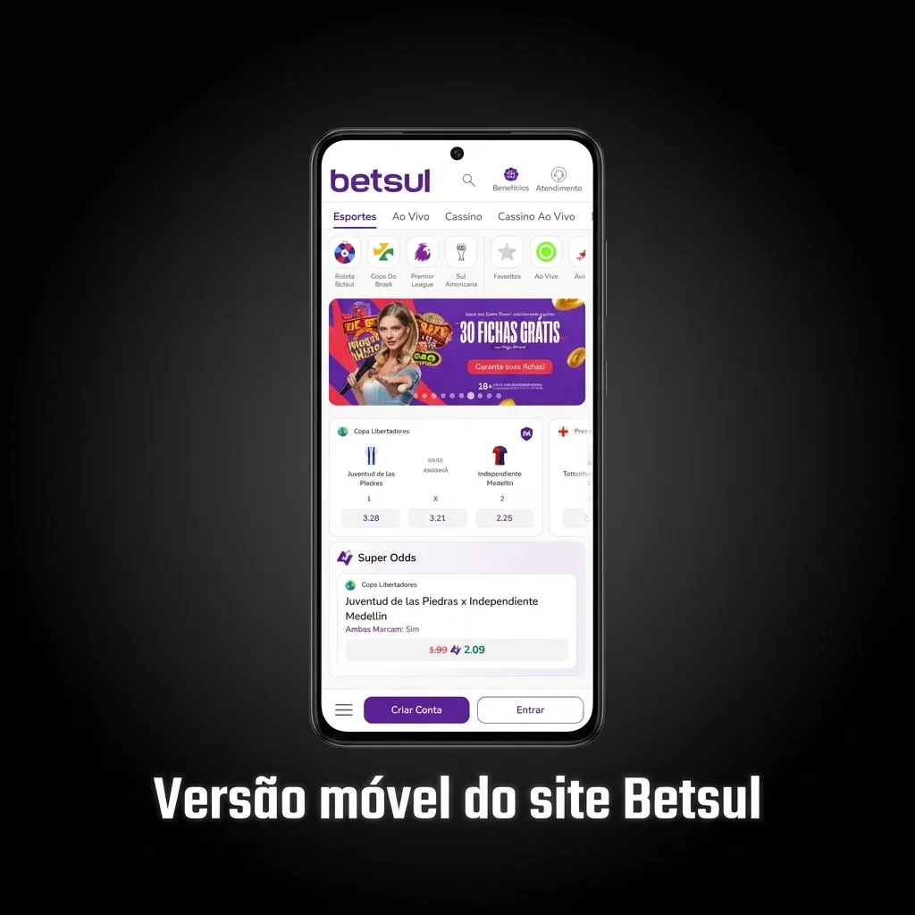 Smartphone exibindo o site móvel da Betsul, com interface adaptada ao toque e menus claros para apostas e cassinos